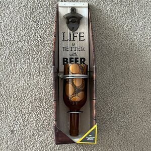 Wall Mounted Beer Cap Collector with Upside Down Glass Bottle and Cap Opener